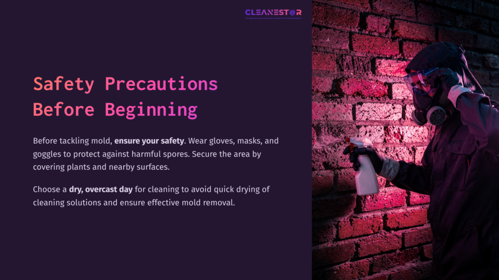 A Person Wearing Gloves And A Mask Sprays A Brick Wall With Cleaning Solution, Highlighted By Purple Lighting And Safety Precautions Text.