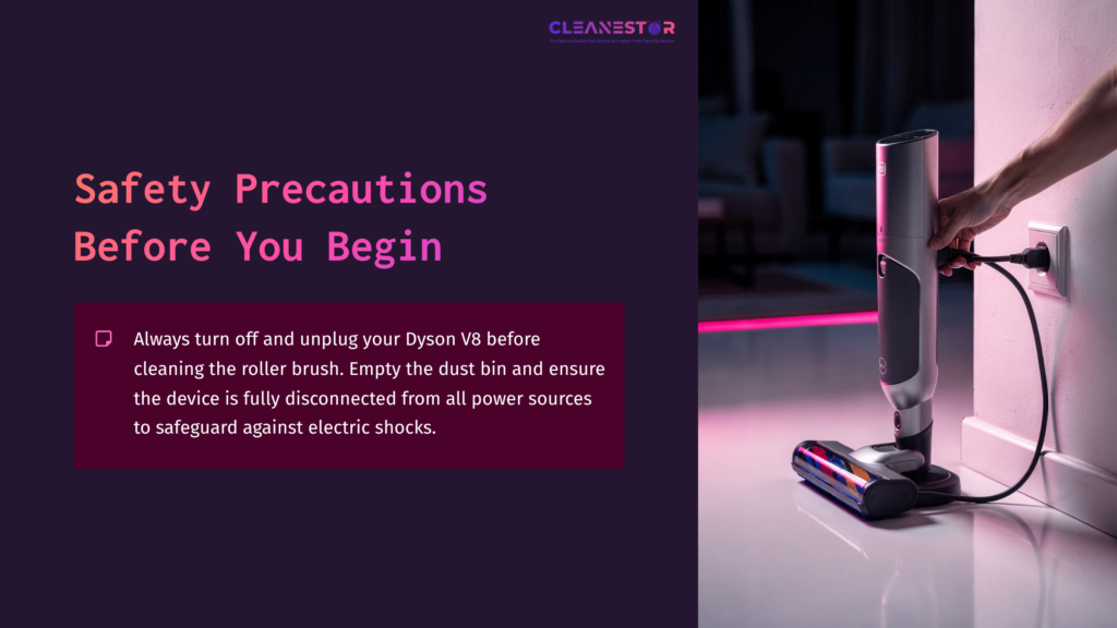 Dyson V8 Vacuum Near A Wall Outlet, With Highlighted Safety Tips In Purple Text. Soft Pink Lighting Creates A Modern Ambiance.