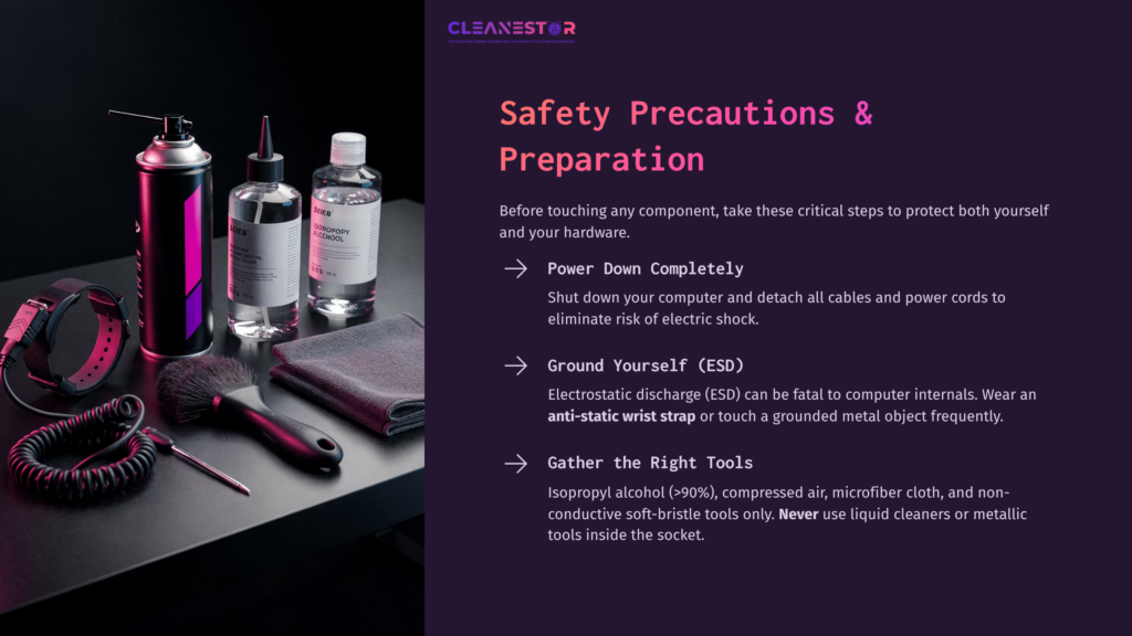 Black And Purple Safety Tools Including A Spray Can, Liquid Container, Microfiber Cloth, And Wrist Strap, Arranged With Text Instructions.