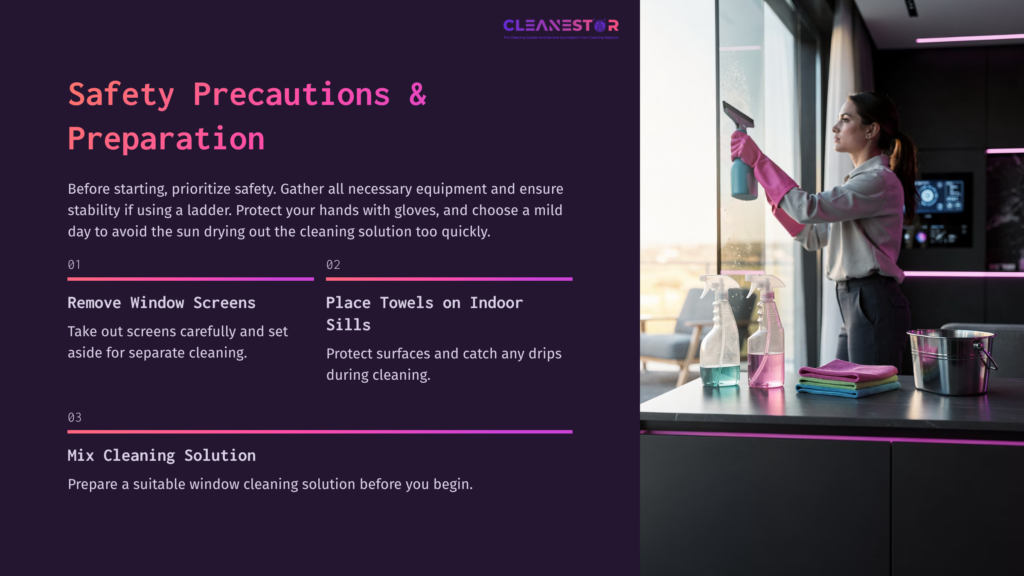 A Person In A Pink Shirt And Gloves Cleans A Window, Surrounded By Safety Tips And A Checklist For Window Cleaning Preparation.