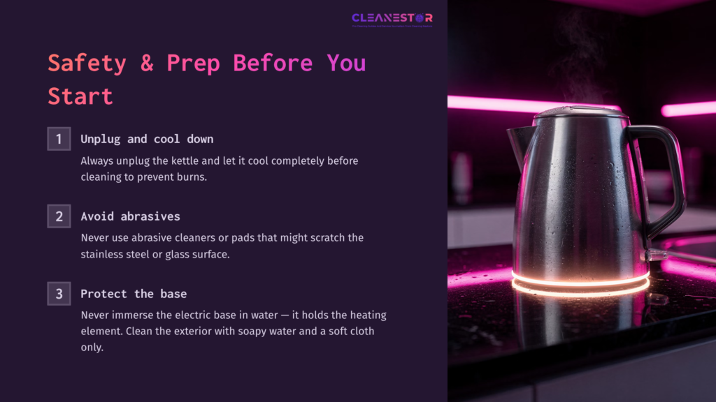 Cosori Electric Kettle On A Countertop With A Glowing Base, Surrounded By Text Instructing On Safe Cleaning Preparation Steps.