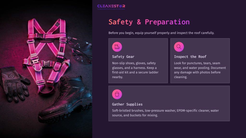 3 Safety And Preparation Safety Gear Layout: Pink Harness, Gloves, Glasses, And Sturdy Boots On A Dark Background; Tips For Roof Inspection And Supplies In Boxes.