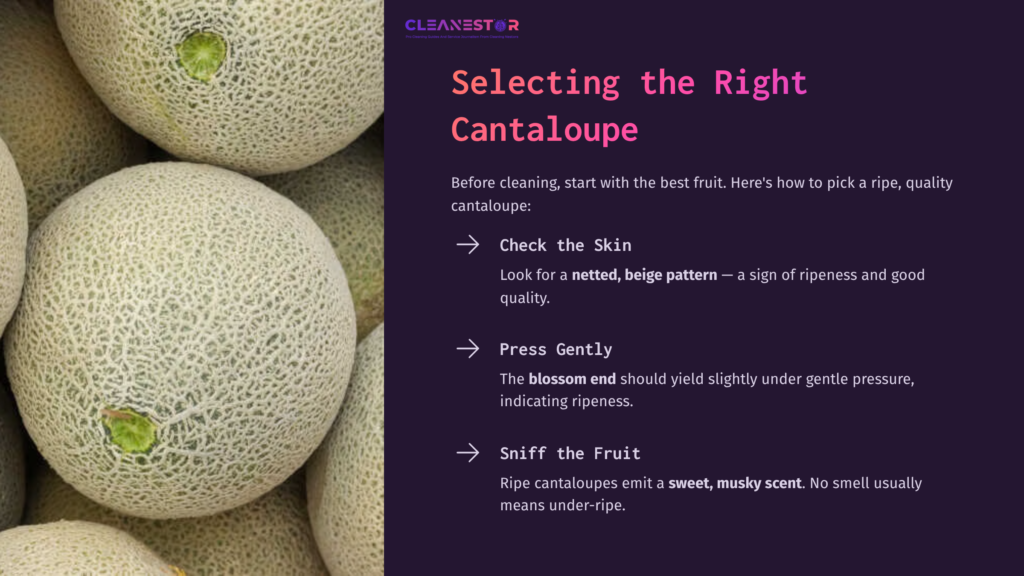 Close-Up Of Cantaloupes Showing Their Netted, Beige Skin, Alongside Text Instructions On Selecting Ripe Fruit With Tips On Checking And Sniffing.