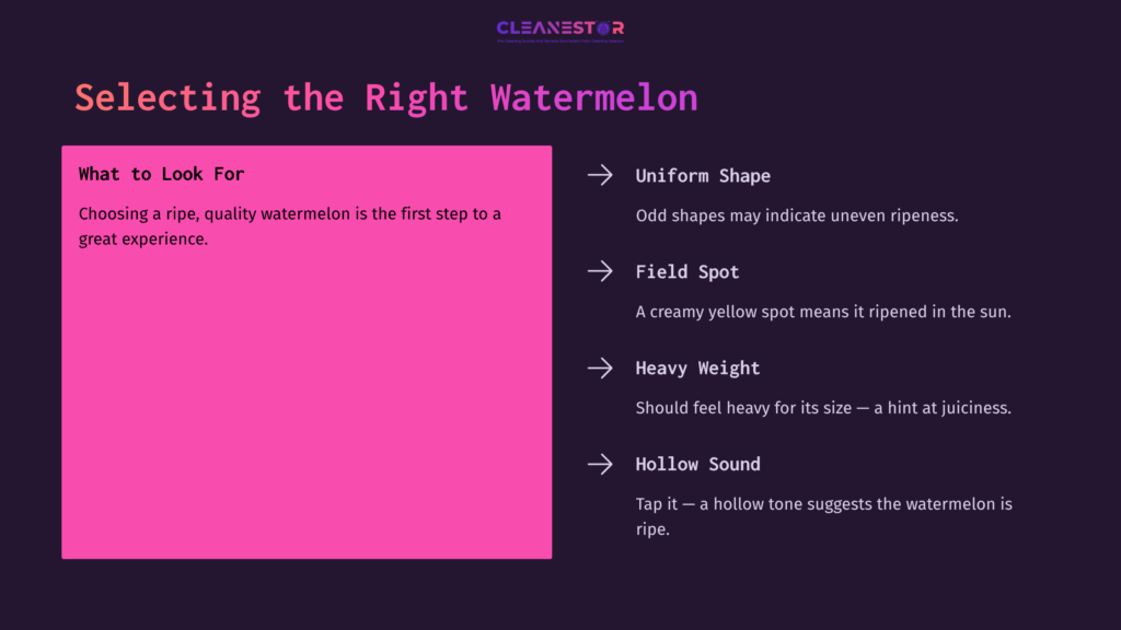 Bright Pink Section With Text Outlining Tips For Selecting A Ripe Watermelon, Including Traits Like Shape, Weight, And Sound.