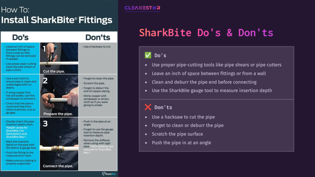 Guide On Cleaning Copper Pipes For Sharkbite Connections, Featuring Do'S And Don'Ts With Checkmarks And Crosses, Along With Illustrative Images.