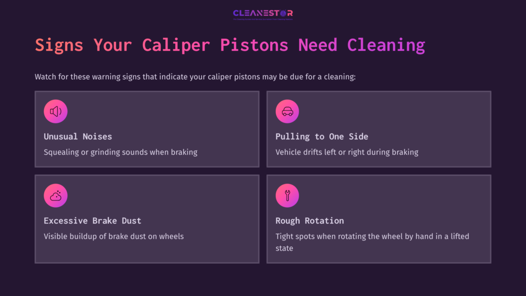 Four Informational Boxes On A Dark Background. Each Box Highlights Signs Of Caliper Piston Issues: Unusual Noises, Pulling, Brake Dust, And Rough Rotation.