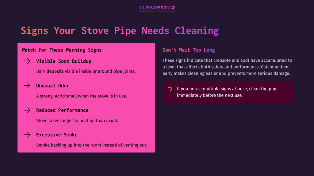 List Of Warning Signs For Stove Pipe Cleaning Needs, Featuring Pink Bullet Points On A Dark Background, With A Bold Title At The Top.