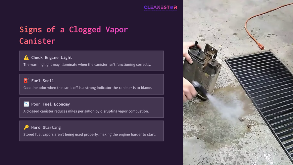 3 Signs Of A Clogged Vapor Canister A Person Cleaning A Vapor Canister With A Spray, Surrounded By A Concrete Floor; Text Highlights Signs Of A Clogged Vapor Canister.