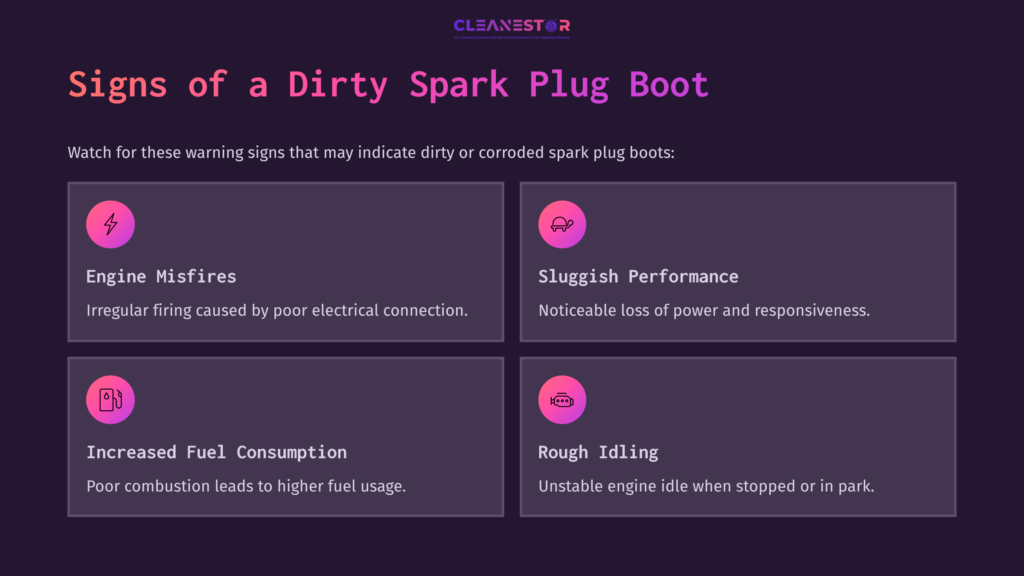 Four Warning Signs Of A Dirty Spark Plug Boot Presented In Purple Boxes: Engine Misfires, Sluggish Performance, Increased Fuel Consumption, And Rough Idling.