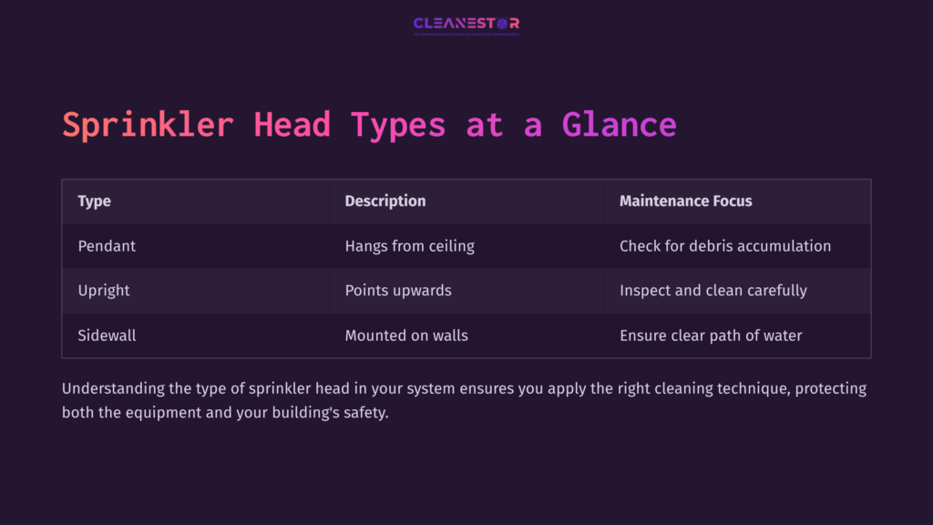 Chart Displaying Different Types Of Sprinkler Heads: Pendant, Upright, And Sidewall, With Descriptions And Maintenance Focus Points.