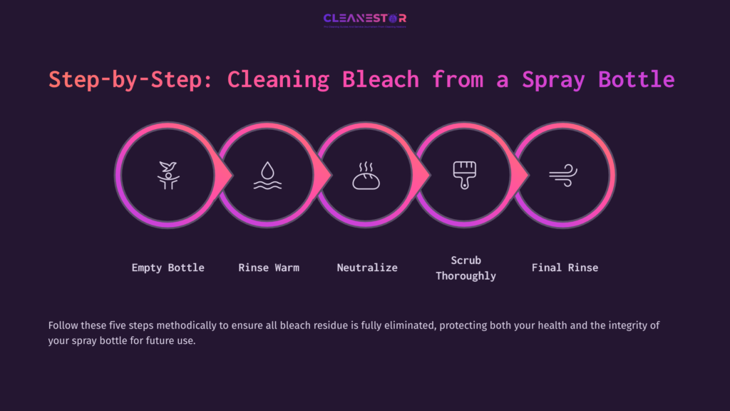 Graphic Illustrating Five Steps For Cleaning Bleach From A Spray Bottle, With Icons For Each Step And A Dark Background.