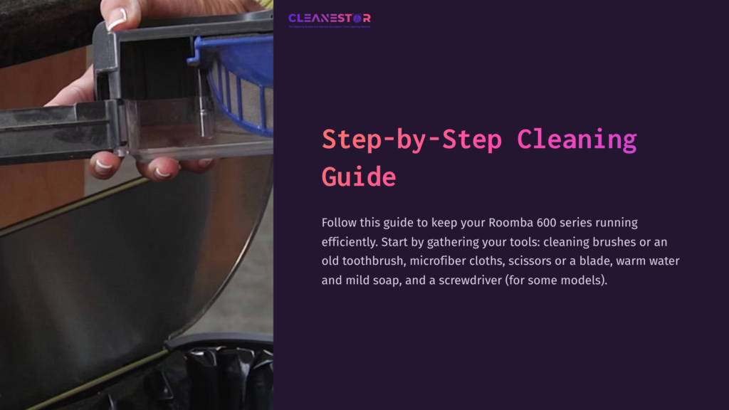 Hand Holding A Roomba Dustbin With A Blue Filter Attached, Set Against A Dark Background. Text Overlay Provides Cleaning Guide Details.