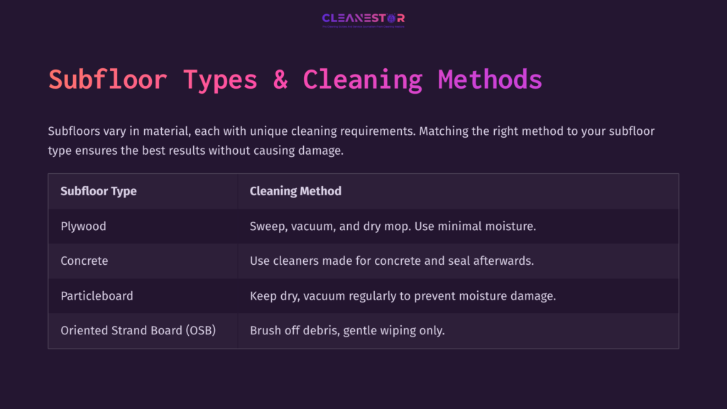 Table Outlining Different Subfloor Types And Their Respective Cleaning Methods, Presented With Purple Background And White Text.