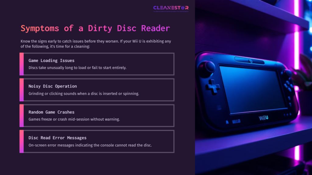 3 Symptoms Of A Dirty Disc Reader A Wii U Console On A Shelf, With A Dark Purple Background. Text Outlines Symptoms Of A Dirty Disc Reader In A Clear, Organized Layout.