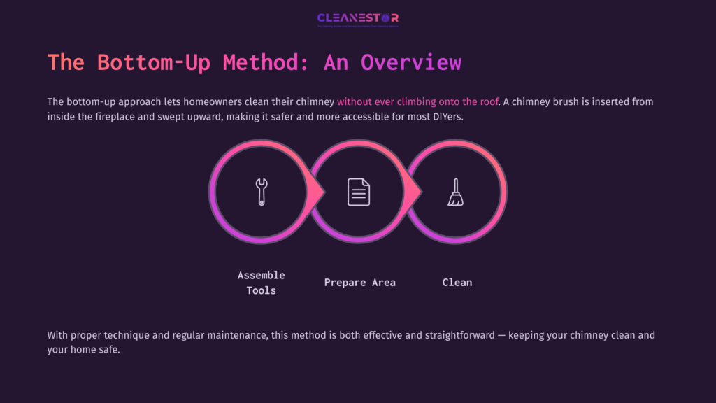 3 The Bottom Up Method An Overview Three Circular Icons On A Dark Purple Background Illustrate Chimney Cleaning Steps: Tools, Preparation, And Cleaning, With A Wrench, Checklist, And Broom.