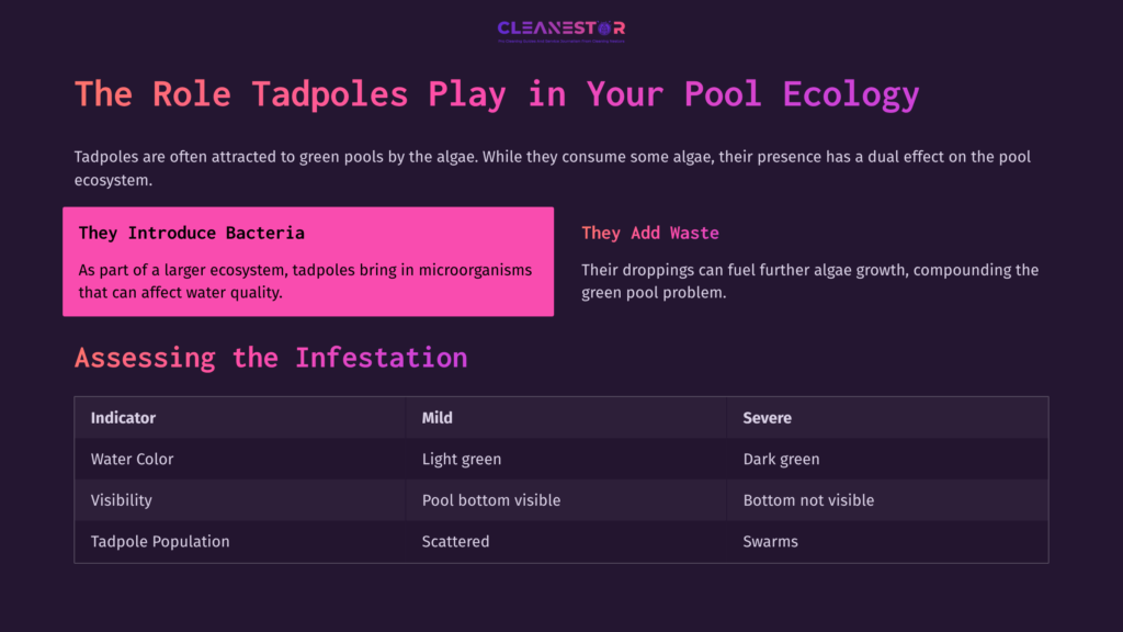 3 The Role Tadpoles Play In Your Pool Ecology Text On A Dark Background Outlines The Role Of Tadpoles In Pool Ecology, Featuring Pink Highlights And A Color Chart For Green Pool Assessment.