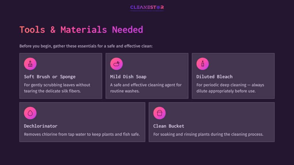 Four Pink-Highlighted Boxes Display Tools And Materials Needed For Cleaning Silk Aquarium Plants, With Text In White On A Dark Background.
