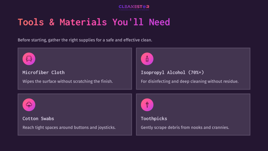Four Blocks Outlining Cleaning Tools: A Microfiber Cloth, Isopropyl Alcohol, Cotton Swabs, And Toothpicks, With Pink Icons On A Dark Background.
