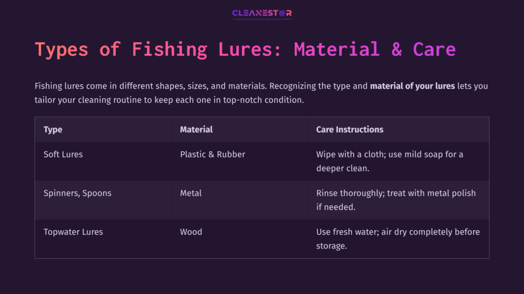 Table Listing Fishing Lures By Type, Material, And Care Instructions, Featuring A Dark Purple Background And Contrasting Text In Light Colors.