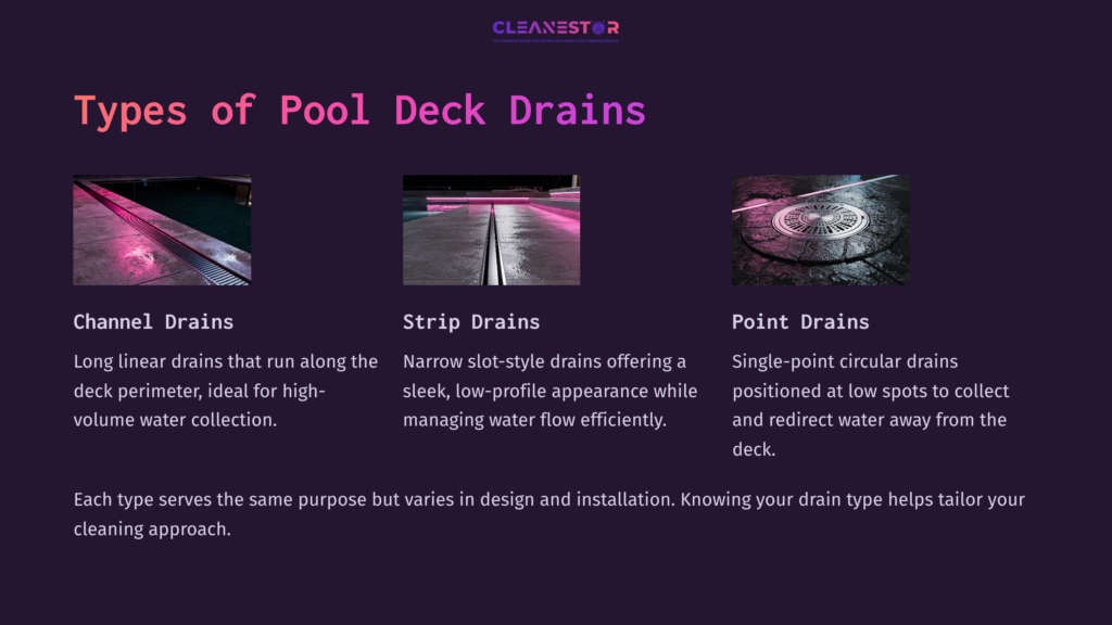 Illustration Depicting Three Types Of Pool Deck Drains: Channel, Strip, And Point Drains, With Labels And A Modern Color Scheme.