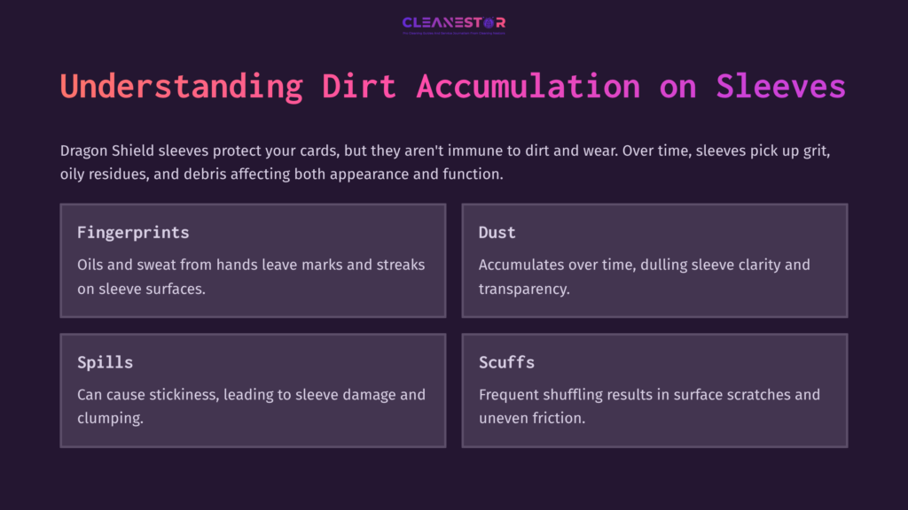 Dark Purple Background With White And Pink Text Outlining Types Of Dirt On Dragon Shield Sleeves: Fingerprints, Dust, Spills, And Scuffs.