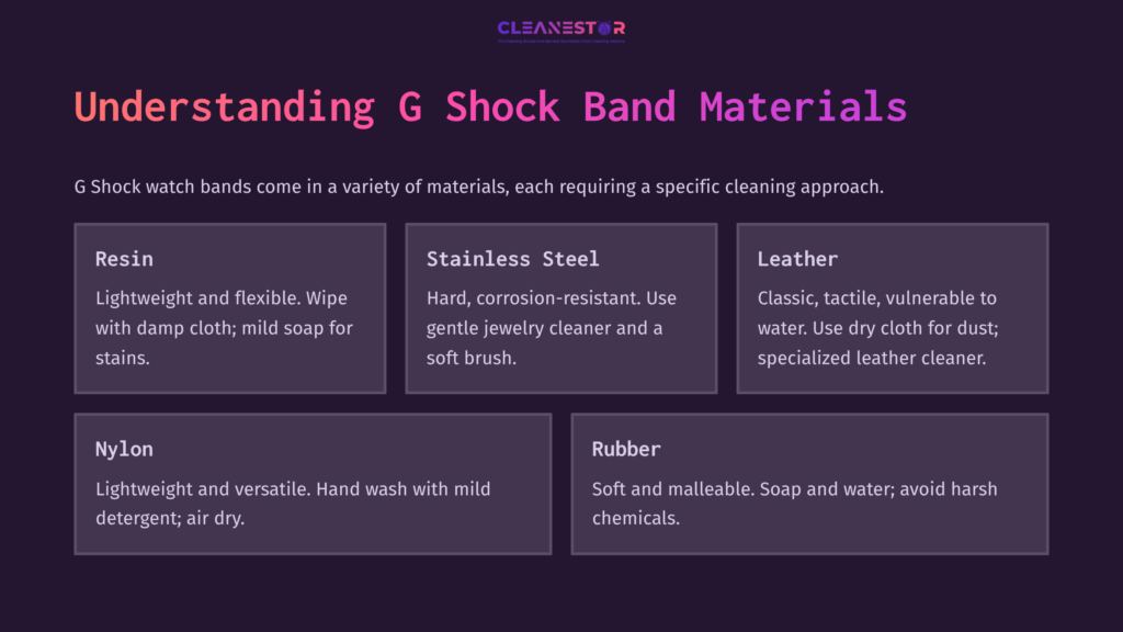 3 Understanding G Shock Band Materials Table Displaying G Shock Watch Band Materials With Descriptions: Resin, Stainless Steel, Leather, Nylon, And Rubber, Each Featuring Cleaning Tips.