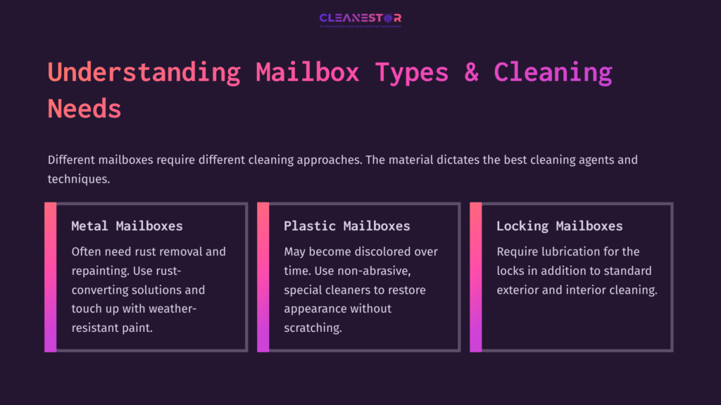 Four Rectangular Boxes With Text Highlighting Mailbox Types: Metal, Plastic, And Locking Mailboxes. Dark Purple Background With Contrasting Pink And White Text.