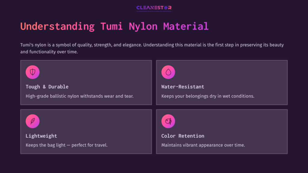 Four Colored Boxes On A Dark Purple Background Highlight Tumi Nylon'S Qualities: Toughness, Water Resistance, Lightweight, And Color Retention.