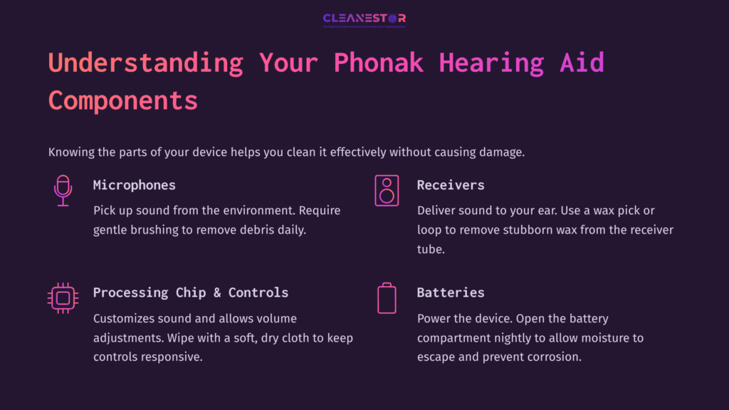Illustration Detailing Phonak Hearing Aid Components: Microphones, Receivers, Processing Chip &Amp; Controls, And Batteries With Care Instructions.