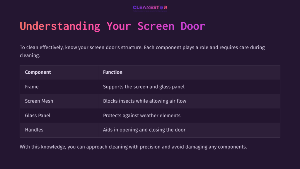 Infographic Detailing Screen Door Components: Frame, Screen Mesh, Glass Panel, And Handles, With Functions Listed In Bullet Points.