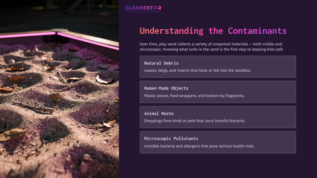 A Purple Sandbox Filled With Play Sand, Showing Small Debris, Accompanied By Text Explaining Contaminants Like Natural Debris And Human-Made Objects.