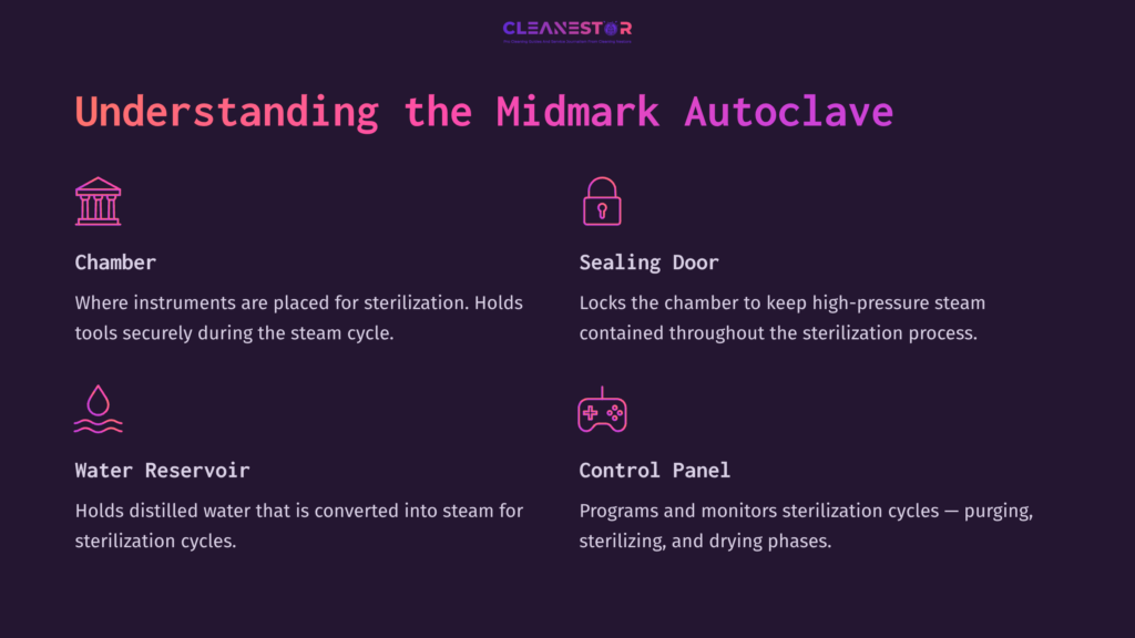 Graphic Explaining The Midmark Autoclave Features: Includes Labeled Sections For Chamber, Sealing Door, Water Reservoir, And Control Panel On A Dark Background.