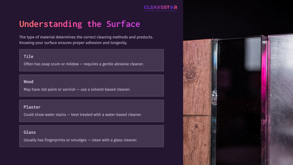 3 Understanding The Surface Text Panel On Cleaning Surfaces Before Caulking, Highlighting Tile, Wood, Plaster, And Glass With Cleaning Method Suggestions And A Purple Background.