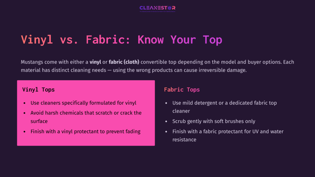 3 Vinyl Vs Fabric Know Your Top Comparison Chart Highlighting Cleaning Tips For Vinyl And Fabric Convertible Tops, With Pink Text On A Dark Background.