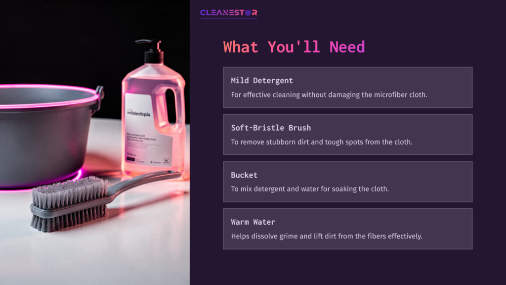 Mop Cleaning Supplies Displayed: A Bottle Of Mild Detergent, A Soft-Bristle Brush, A Bucket, And Warm Water On A Dark Background.