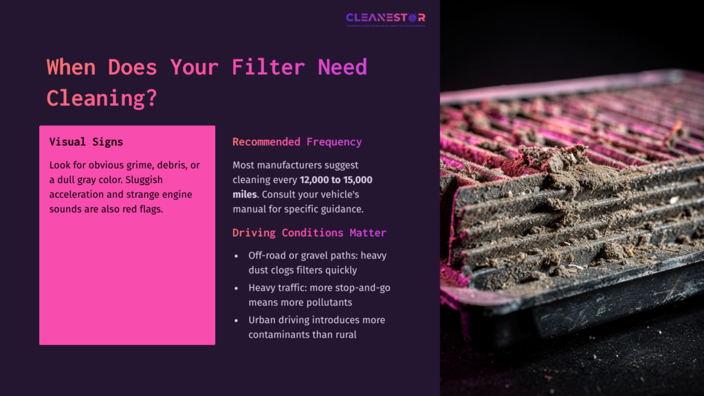 3 When Does Your Filter Need Cleaning 1 A Close-Up Of A Dirty Car Air Filter On A Pink And Black Background, With Text Highlighting Cleaning Signs, Frequency, And Driving Conditions.