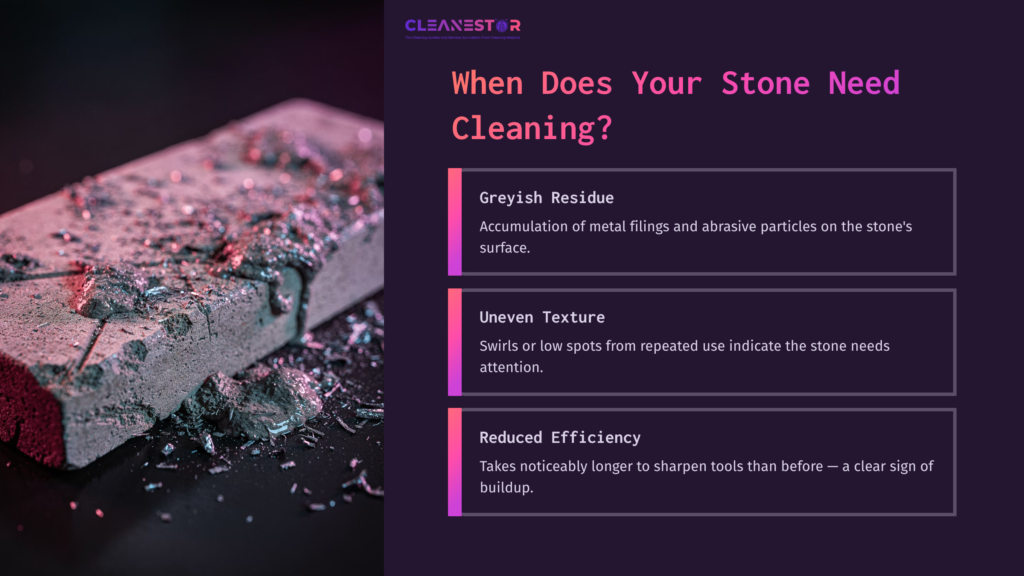 Sharpening Stone With Greyish Residue And Metallic Particles, Accompanied By Text About Cleaning Indicators And Efficiency.