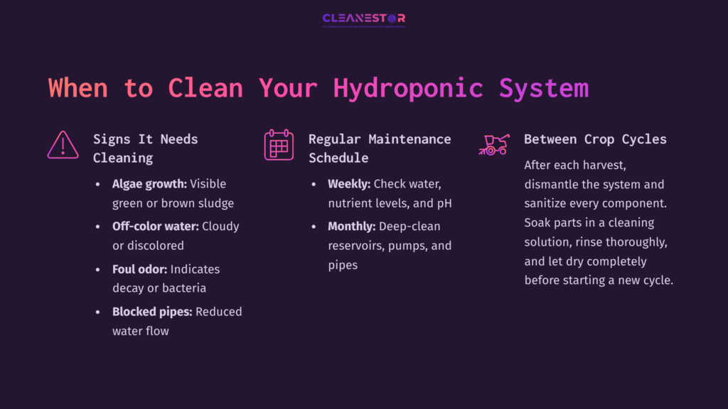 Tips For Cleaning A Hydroponic System, Featuring A Purple Background With Text On Maintenance Needs, Schedules, And Tips For Cleaning.