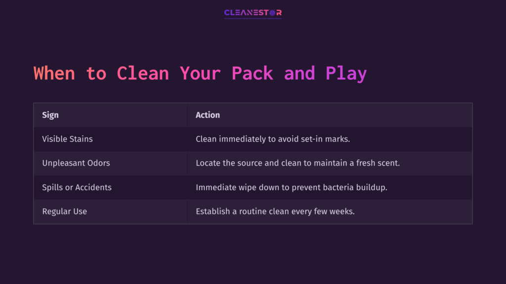 Table Outlining Cleaning Guidelines For A Pack And Play, With Sections For Signs, Actions, And Layout On A Dark Purple Background.