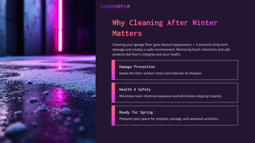 3 Why Cleaning After Winter Matters Wet Garage Floor With Purple And Pink Lighting, Featuring Text Boxes Highlighting Cleaning Benefits: Damage Prevention, Health &Amp; Safety, And Spring Readiness.
