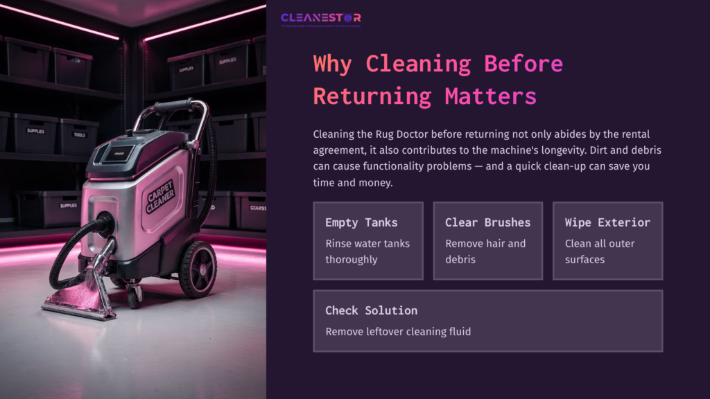 Rug Doctor Machine With Cleaning Instructions. Features Pink Accents, Black Storage Bins, And Key Cleaning Steps Outlined.