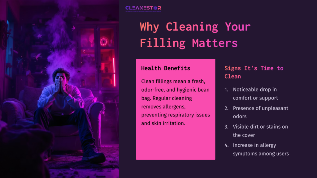 A Person Sitting On A Chair In A Cozy Room, Surrounded By A Purple Hue, With A Bright Pink Sidebar Listing Bean Bag Cleaning Benefits.