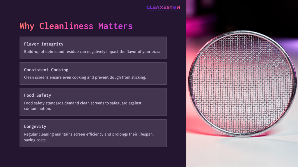 Close-Up Of A Round, Metallic Pizza Screen On A Blurred Purple And Pink Background, With Text Outlining The Importance Of Cleanliness.