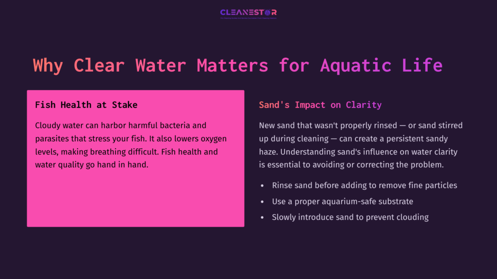 Text On A Dark Background Highlights The Importance Of Clear Water For Fish Health, With Pink And Purple Sections On Sand Management In Aquariums.