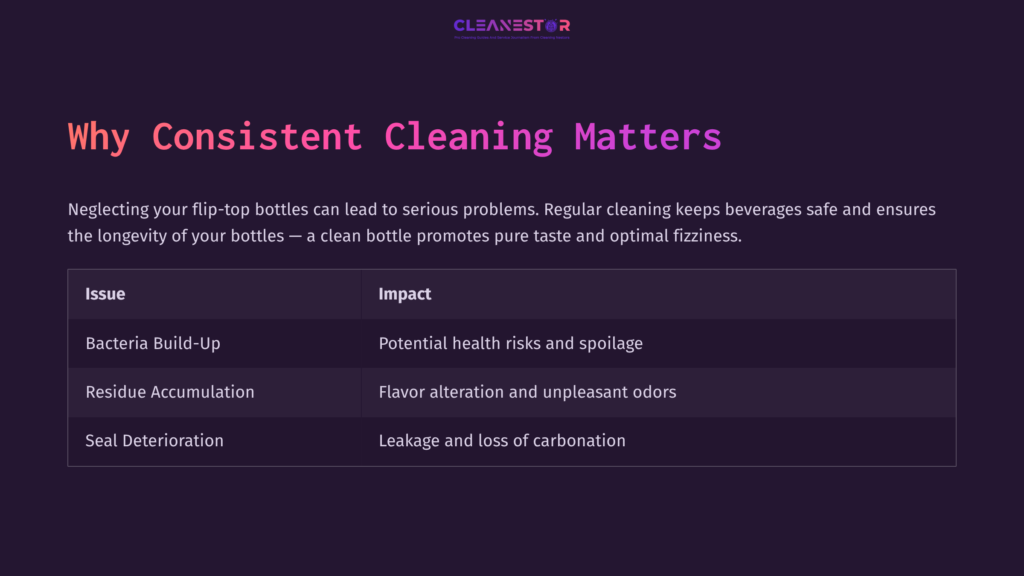 Dark Purple Background With White And Pink Text Highlighting The Importance Of Cleaning Flip-Top Bottles, Listing Factors Like Bacteria Build-Up And Flavor Alteration.