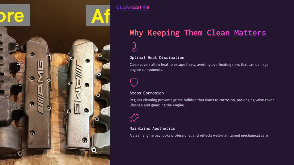 Aluminum Valve Covers Displayed With A Shiny After-Cleaning Effect, Alongside Text Highlighting The Importance Of Maintenance And Aesthetics.