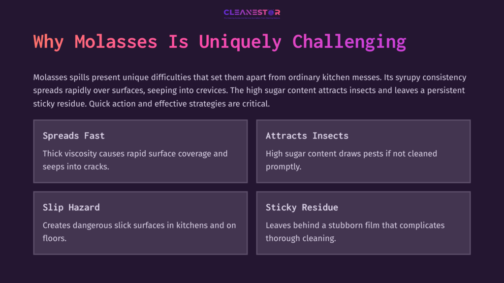 Text On A Purple Background Outlines Challenges Of Cleaning Molasses: Spreads Quickly, Attracts Insects, And Creates Slip Hazards.