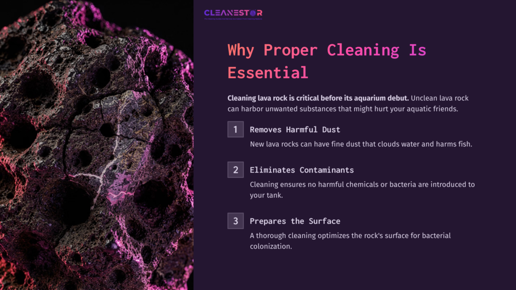 Textured Dark Lava Rock With Pink And Purple Highlights, Overlaid With A Clean, Modern Layout And Informative Bullet Points About Aquarium Care.