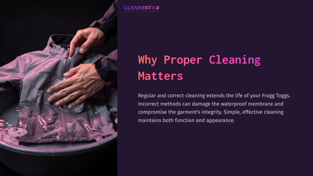 A Person’s Hands Gently Cleaning A Frogg Toggs Jacket In A Water-Filled Basin, Highlighting The Jacket’s Grey Color Against A Dark Background.