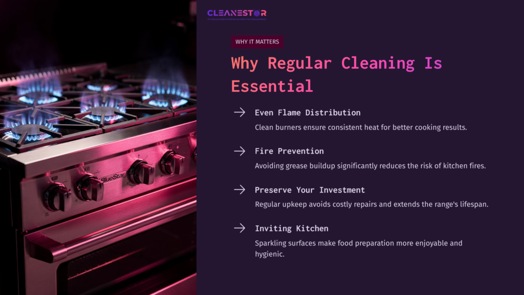 Close-Up Of A Bluestar Range With Lit Burners, Highlighted In Pink, Alongside Text Emphasizing The Importance Of Regular Cleaning For Safety And Maintenance.